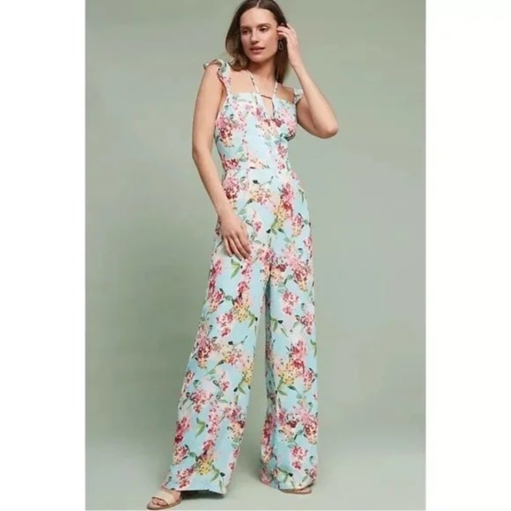 Adelyn Rae‎ Anthropologie Floral Flutter Jumpsuit Blue Medium